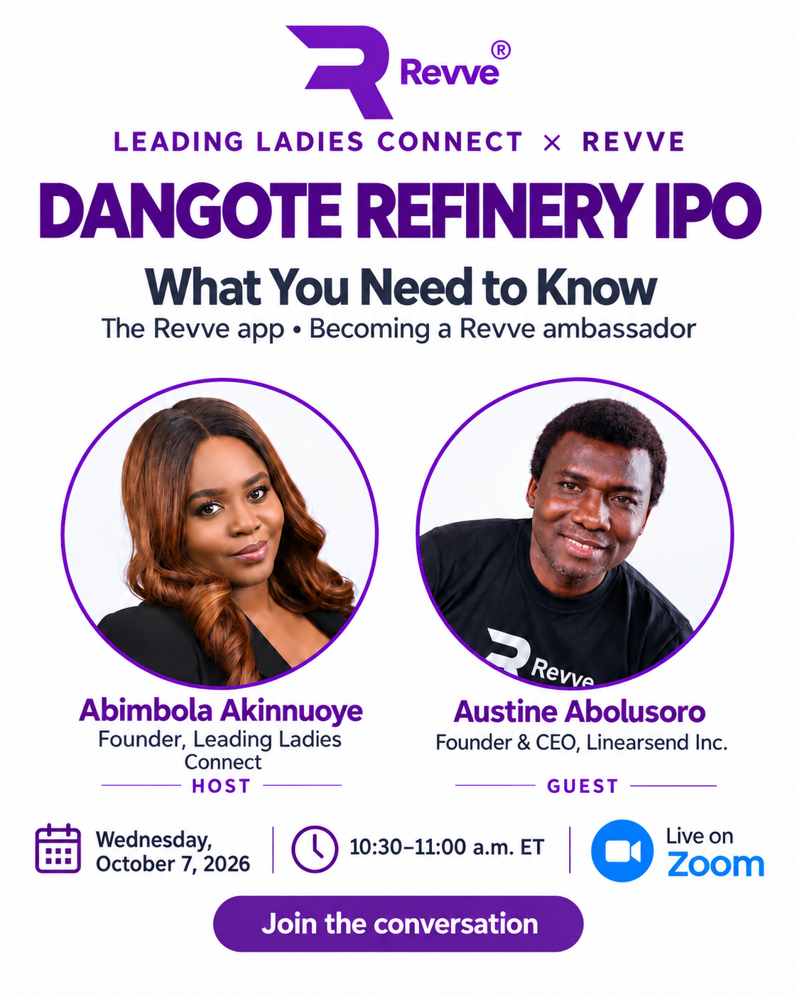 Event flyer featuring host Abimbola Akinnuoye and guest Austine Abolusoro