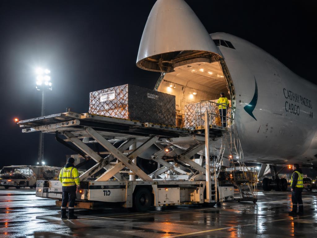 Cargo jet being loaded at night under airport floodlights
