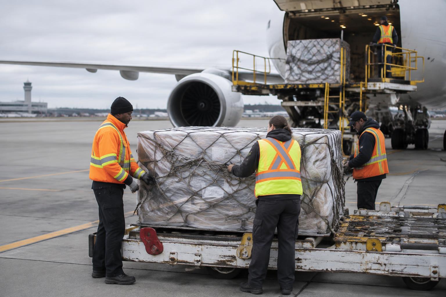 Cargo ground crew securing an air-freight pallet beside an aircraft at a Canadian airport