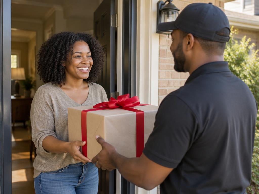 Courier handing a ribbon-wrapped gift to a customer at her front door