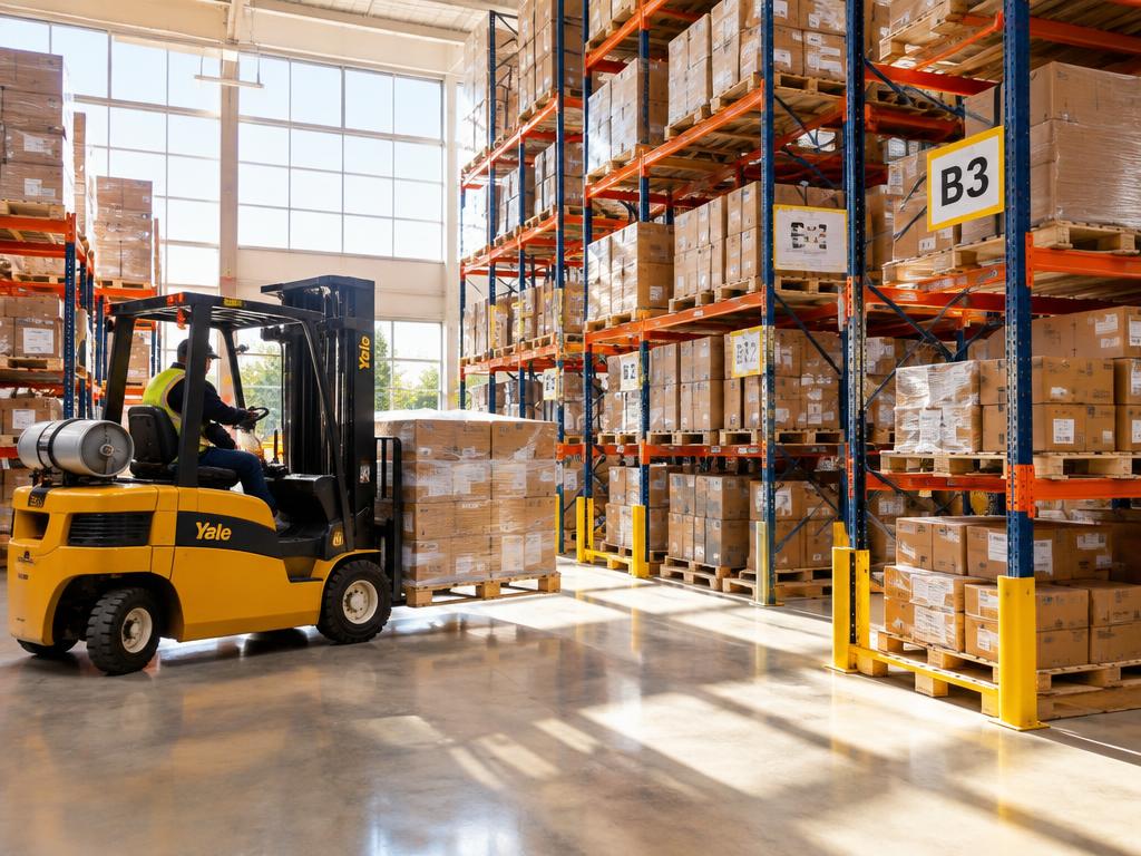 Warehouse interior with tall shelving and a forklift